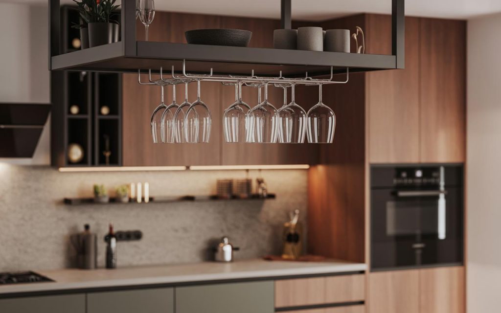 Modern kitchen wine rack with hanging glass holder and stylish under-cabinet storage