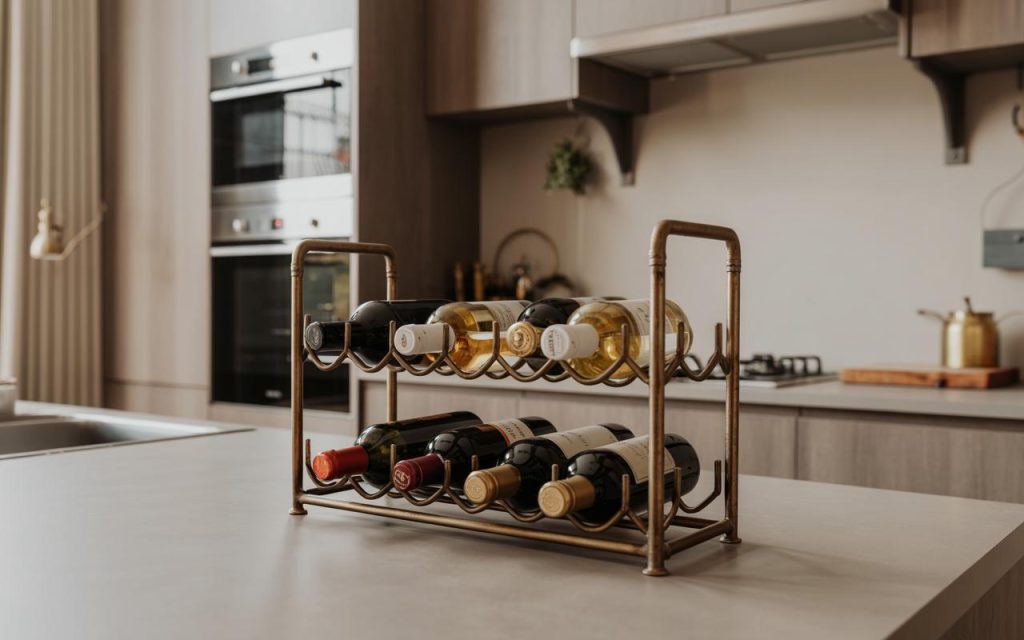 Stylish kitchen wine rack with two-tier metal holder and countertop bottle storage