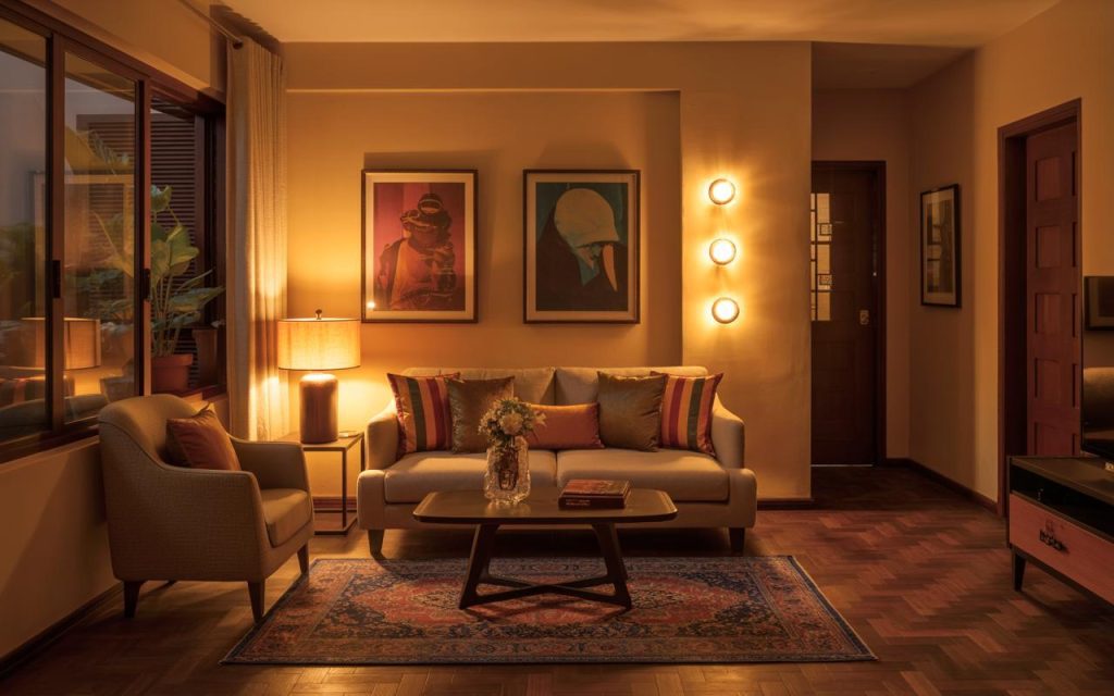 Cozy small coffee table ideas with wooden table in warm modern small living room