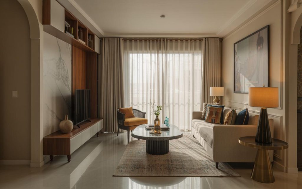 Modern small coffee table ideas with round marble table in compact living room