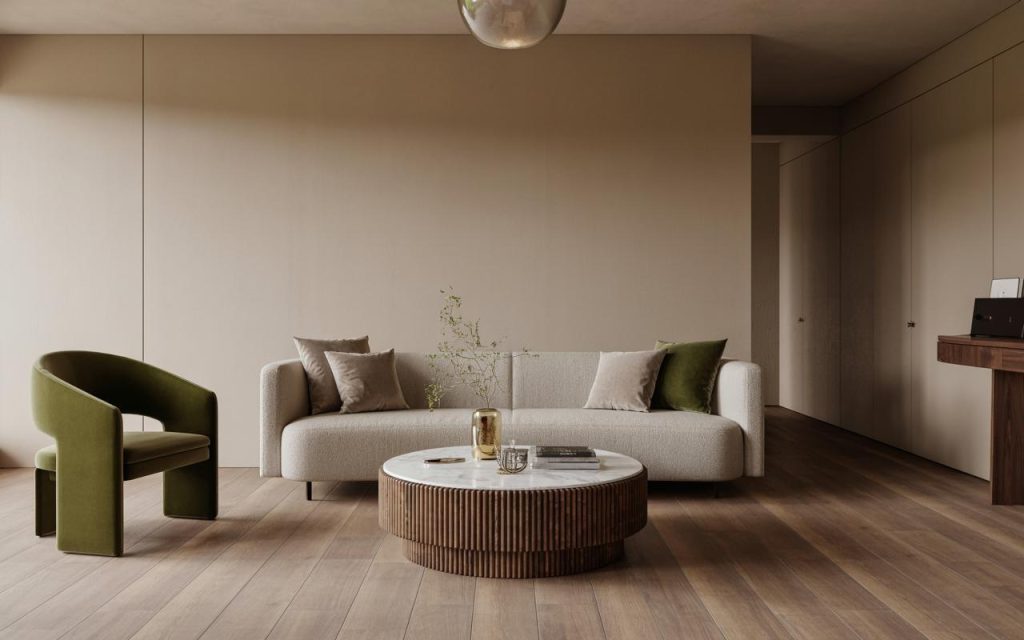 Minimalist small coffee table ideas with round wooden table in modern living room