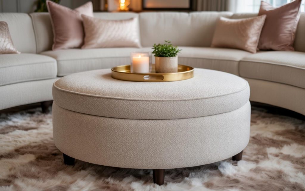 Cozy small coffee table ideas with round upholstered ottoman in compact living room
