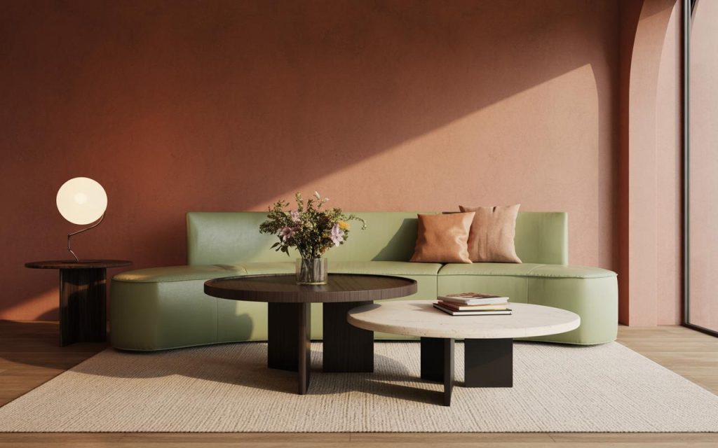 Modern small coffee table ideas with twin round tables in stylish compact living room