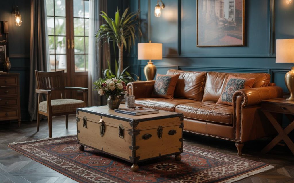 Vintage small coffee table ideas with trunk table in cozy stylish living room