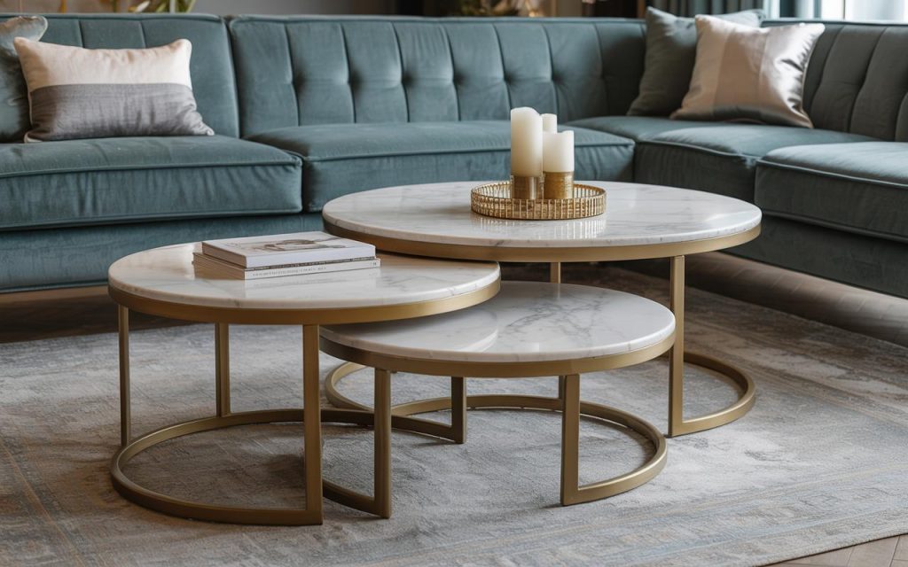 Elegant small coffee table ideas with nesting marble tables in modern living room