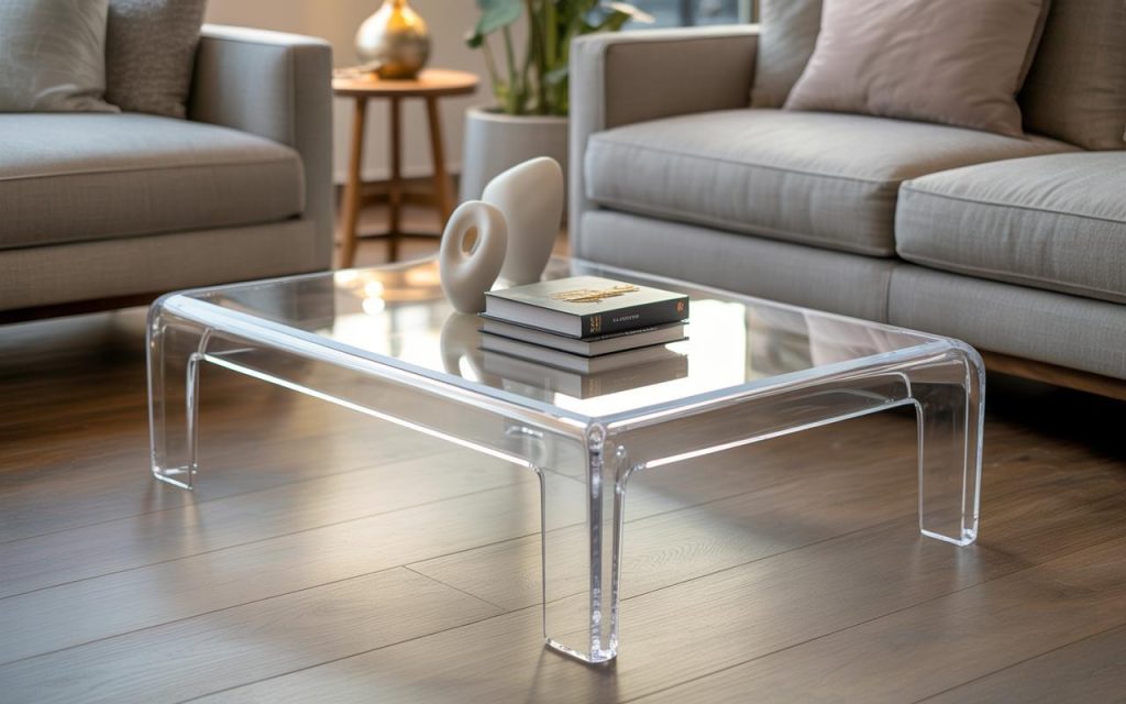 Modern small coffee table ideas with transparent acrylic table in compact living room