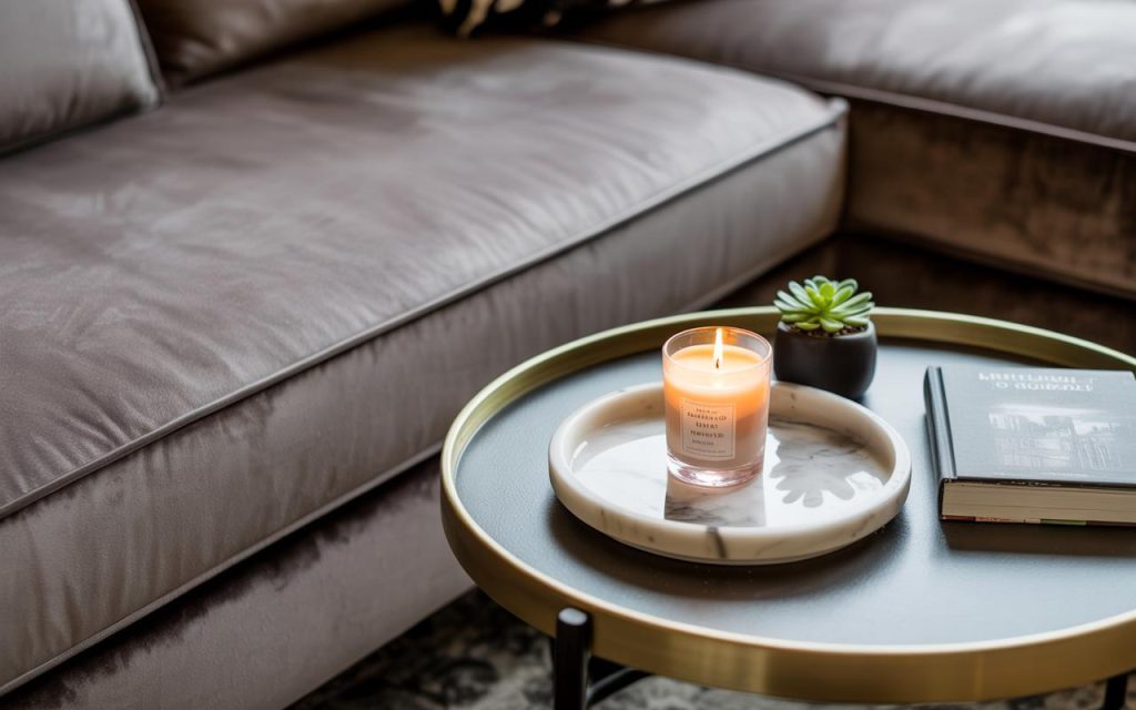 Elegant small coffee table ideas with round tray decor in cozy modern living room