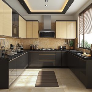 Elegant modular kitchen price overview with sleek U-shape and premium fittings
