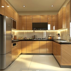 Glossy modular kitchen price layout in wood finish with integrated modern storage