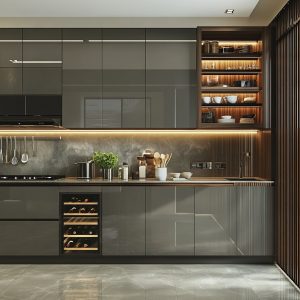 Contemporary modular kitchen price design with glossy finishes and open shelves