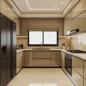 Neutral modular kitchen price plan in glossy U-shaped layout with built-in appliances