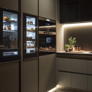 Smart modular kitchen price layout with built-in appliances and ambient lighting