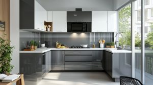 Bright modular kitchen price setup with compact U-shape and dual-tone cabinets
