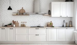Scandinavian modular kitchen price concept with white straight-line cabinetry