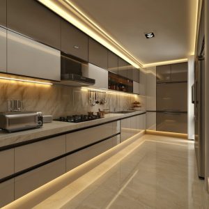 Luxury modular kitchen price layout with marble walls and ambient parallel design