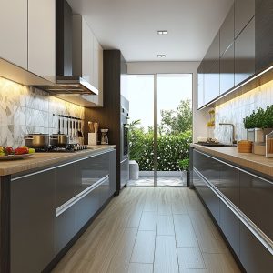 Contemporary modular kitchen price concept with parallel layout and wooden counters