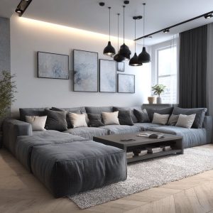 Stylish Livingroom trends with grey sectional sofa, pendant lights and modern minimalist interior design