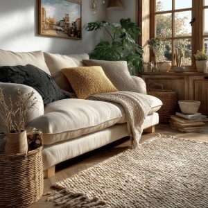Cozy Livingroom trends with beige sofa, textured cushions and warm natural light rustic modern interior