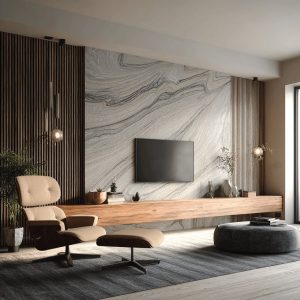 Modern Livingroom trends with marble wall panel, wooden accents and luxury minimalist TV unit design