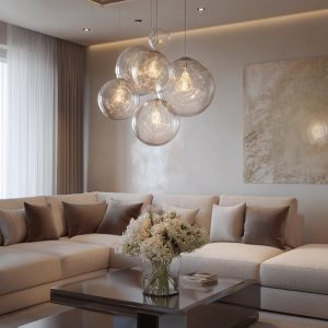 Elegant Livingroom trends with beige sectional sofa, glass pendant lights and modern luxury decor setup