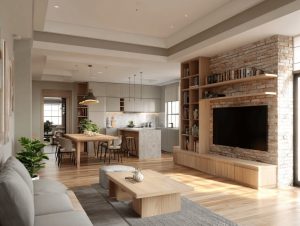 Modern Livingroom trends with open kitchen layout, wooden accents and cozy minimalist interior design