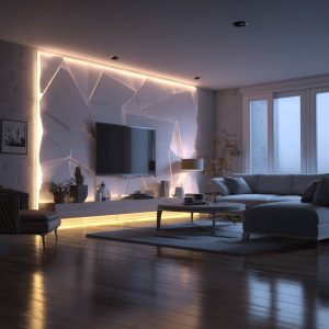 Elegant Livingroom trends with LED wall panel, modern TV unit and ambient lighting interior design