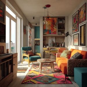 Vibrant Livingroom trends with colorful sofa, boho decor and artistic modern interior design style
