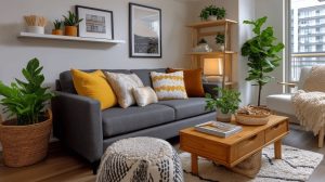 Cozy Livingroom trends with gray sofa, yellow cushions and indoor plants modern home decor setup