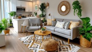 Modern Livingroom trends with cozy grey sofa, plants, and stylish wooden accents in bright open space