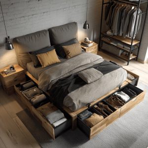 Modern wooden double bed design with smart under-bed storage drawers