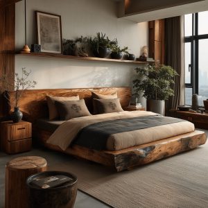 Rustic wooden double bed design showcasing natural elegance and cozy craftsmanship