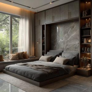 Elegant modern double bed design with sleek grey tones and cozy bedroom lighting
