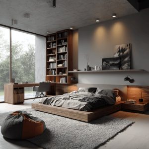 Modern stylish double bed design with wooden accents and cozy lighting