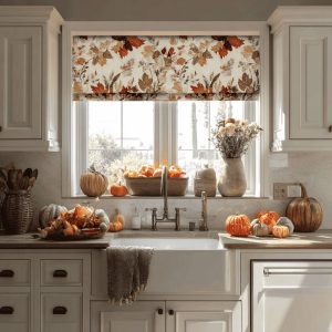 Cozy kitchen curtain ideas with autumn floral valance over farmhouse sink and pumpkin decor