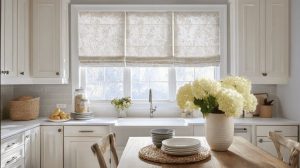Elegant modern kitchen curtain design with soft neutral Roman shades over bright minimal dining space