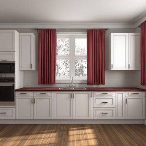 Stylish latest kitchen curtain designs with bold red drapes adding contrast to modern white kitchen