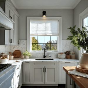 Fresh kitchen curtain design with soft Roman shade adding warmth to bright modern farmhouse kitchen