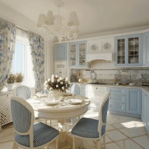 Charming kitchen curtain ideas with soft blue floral drapes enhancing elegant vintage dining kitchen space