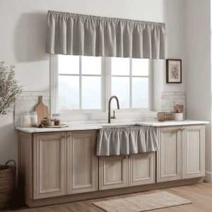Minimalist kitchen curtain design with neutral ruffle valance and matching sink skirt in cozy farmhouse setup