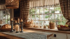 Rustic kitchen curtain ideas with plaid drapes and warm candlelit decor creating a cozy farmhouse kitchen vibe