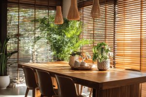 Modern kitchen curtain design with wooden blinds creating warm natural light in dining kitchen space