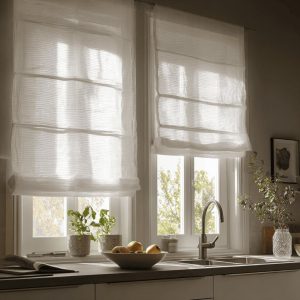 Kitchen window curtain design with layered sheer Roman shades bringing warm light into modern kitchen
