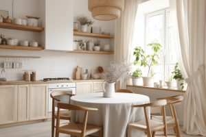 Small kitchen curtain ideas with light sheer panels brightening minimal wooden dining kitchen space