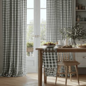 Kitchen curtain ideas with gingham check drapes adding cozy charm to bright farmhouse dining space