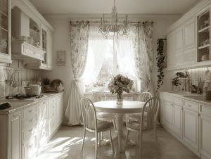 Latest kitchen curtain designs with sheer drapes adding soft vintage charm to bright dining kitchen