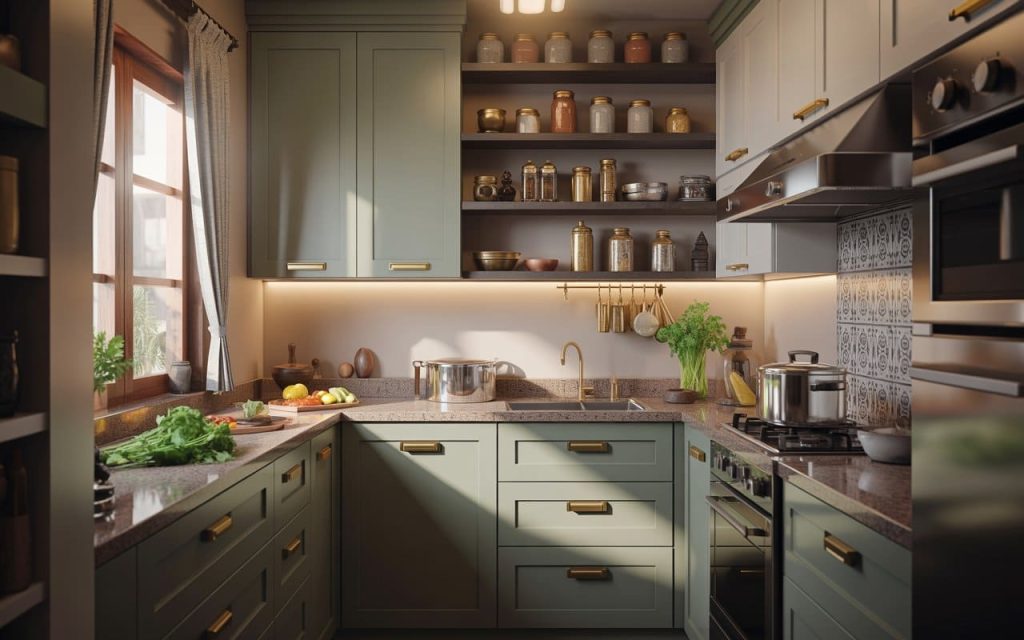 A U-shaped simple low cost indian kitchen design with sage green cabinets and open shelves.