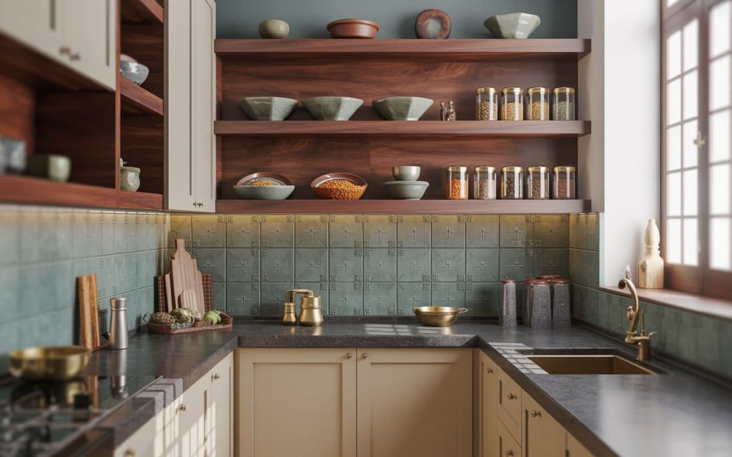 Beautiful low cost simple kitchen design for middle class family with wooden open racks.