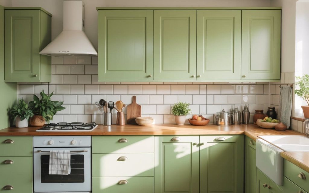 Aesthetic low cost simple kitchen designs with light green cabinets and white subway tiles.
