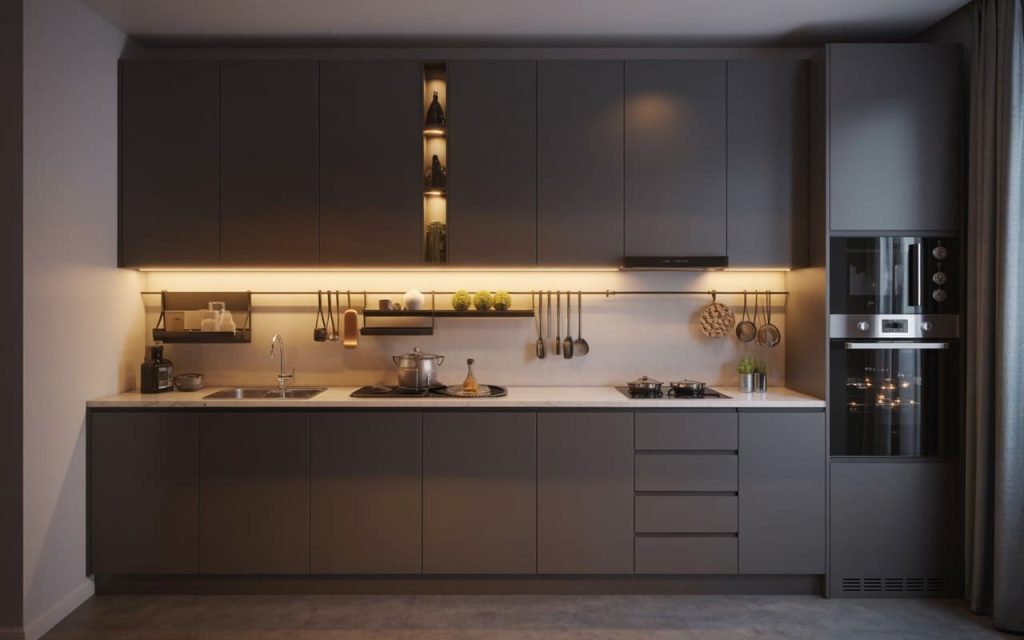 Minimalist low cost simple kitchen interior design with charcoal grey matte cabinetry.