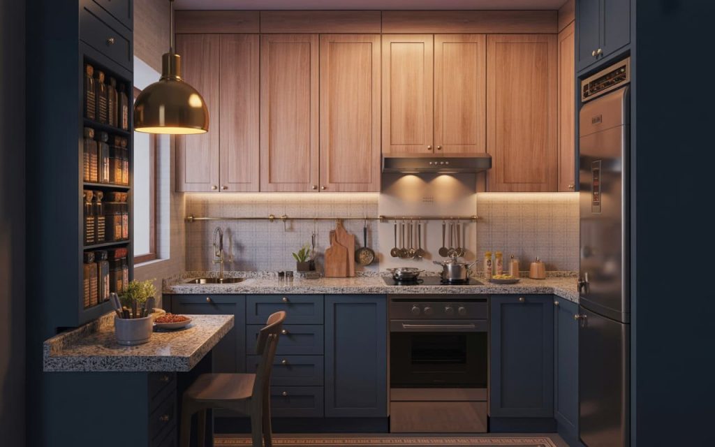  A compact simple low cost indian kitchen design with navy blue base and wooden top units.